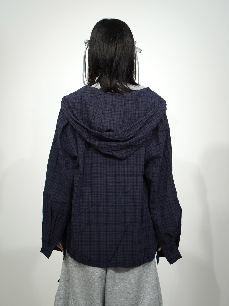 受注制【Nerd out XU】blue check hoodie shirt