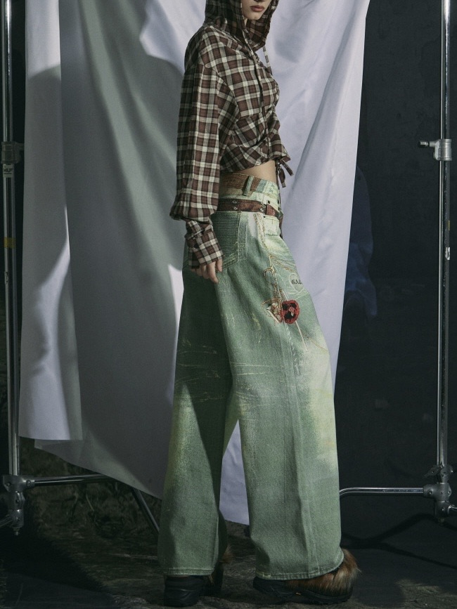 【GATELESS】VINTAGE PRINT BUGGY DENIM PANTS / 【ゲートレス】ビンテージプリントバギーデニムパンツ