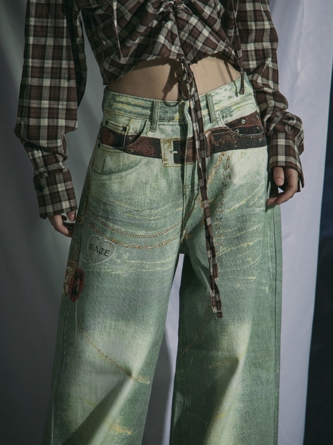 【GATELESS】VINTAGE PRINT BUGGY DENIM PANTS / 【ゲートレス】ビンテージプリントバギーデニムパンツ