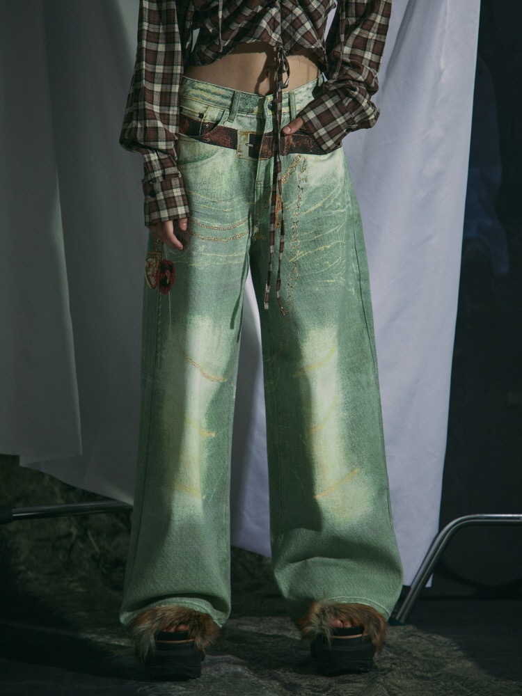 【GATELESS】VINTAGE PRINT BUGGY DENIM PANTS / 【ゲートレス】ビンテージプリントバギーデニムパンツ