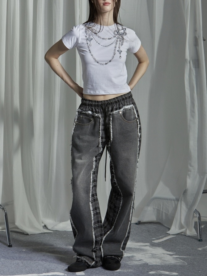 【GATELESS】DAMAGE DENIM PATICHWORK CHECK PANTS / 【ゲートレス】ダメージデニムパッチワークチェックパンツ