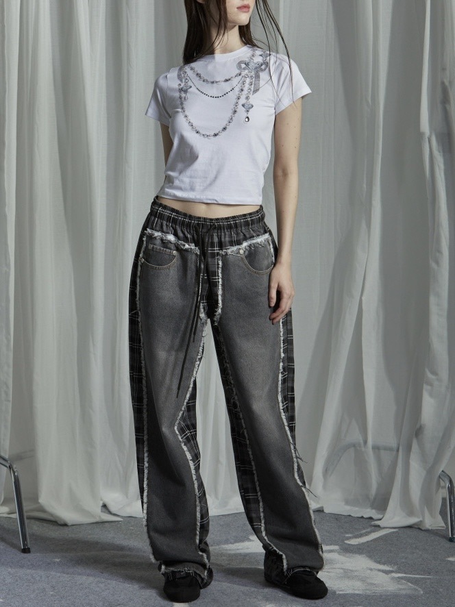 【GATELESS】DAMAGE DENIM PATICHWORK CHECK PANTS / 【ゲートレス】ダメージデニムパッチワークチェックパンツ