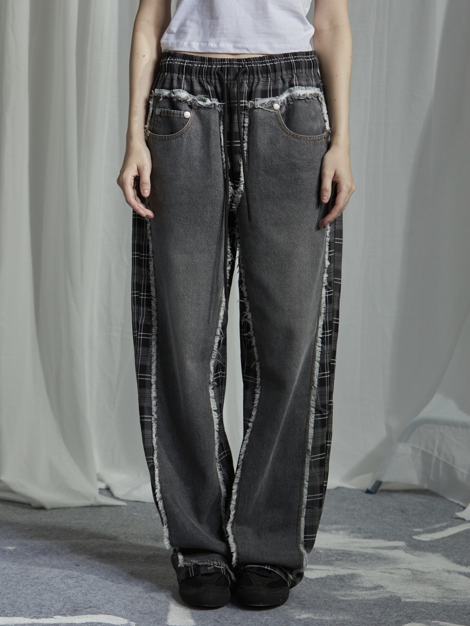 【GATELESS】DAMAGE DENIM PATICHWORK CHECK PANTS / 【ゲートレス】ダメージデニムパッチワークチェックパンツ