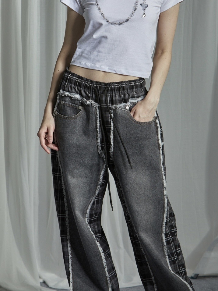 【GATELESS】DAMAGE DENIM PATICHWORK CHECK PANTS / 【ゲートレス】ダメージデニムパッチワークチェックパンツ