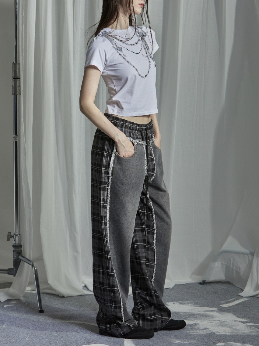 【GATELESS】DAMAGE DENIM PATICHWORK CHECK PANTS / 【ゲートレス】ダメージデニムパッチワークチェックパンツ