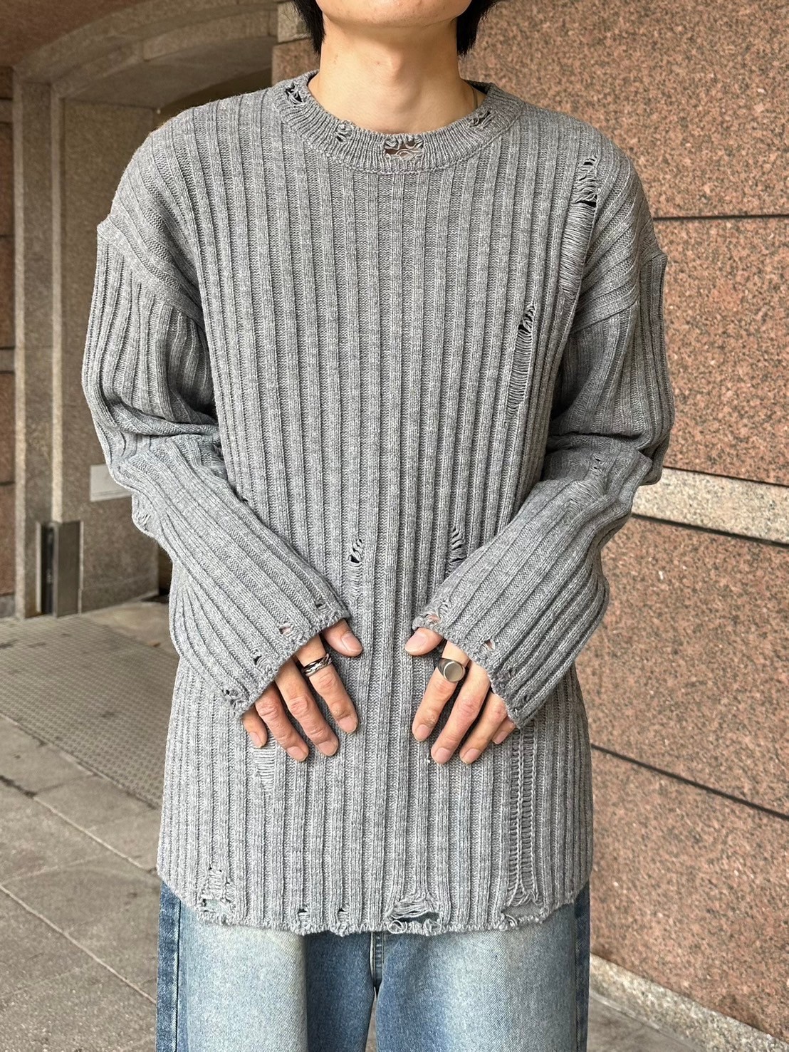 受注制【Chikashitsu +】unisex damage knit (3color)