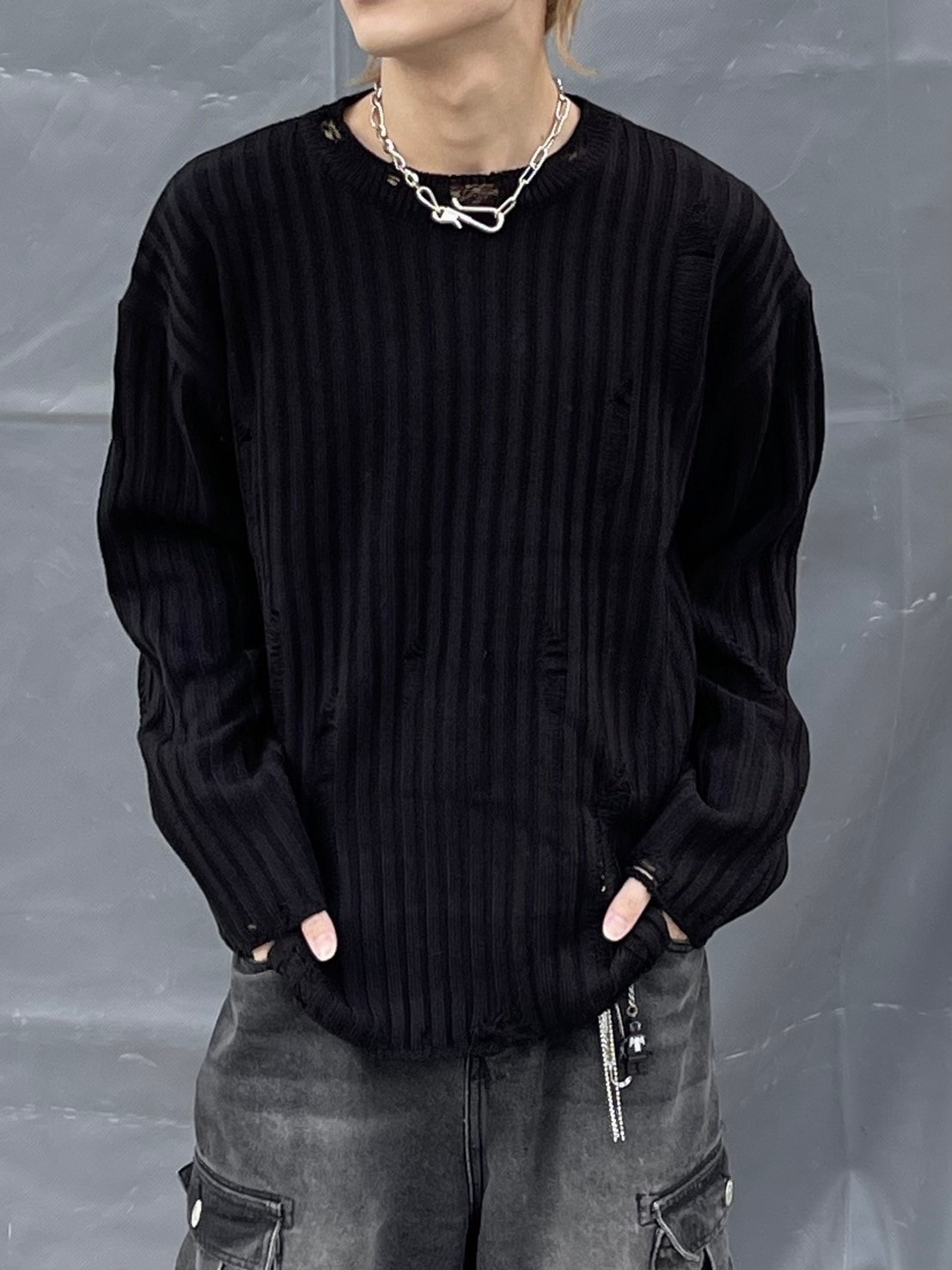 Chikashitsu +】unisex damage knit (3color) | OUR BRAND