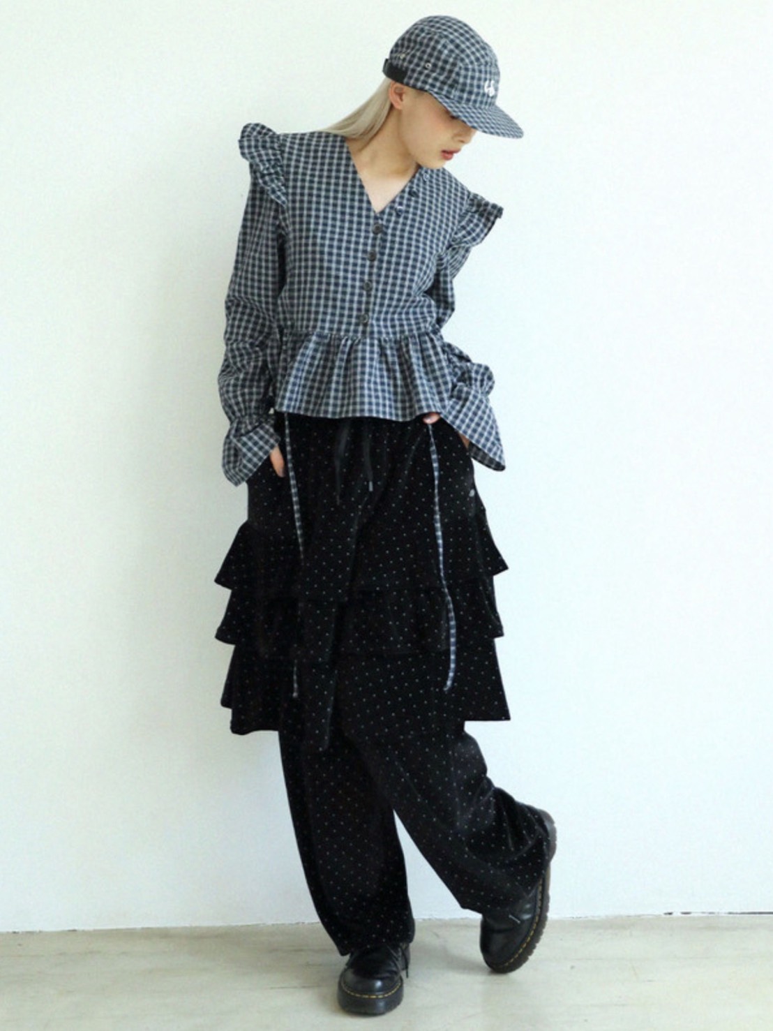 【Uglyshadow】BUTTON CHECK FRILL BLOUSE