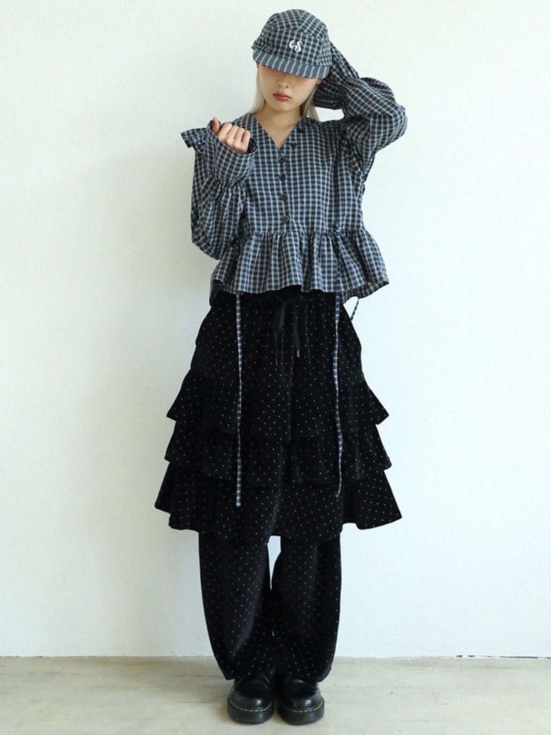 【Uglyshadow】BUTTON CHECK FRILL BLOUSE