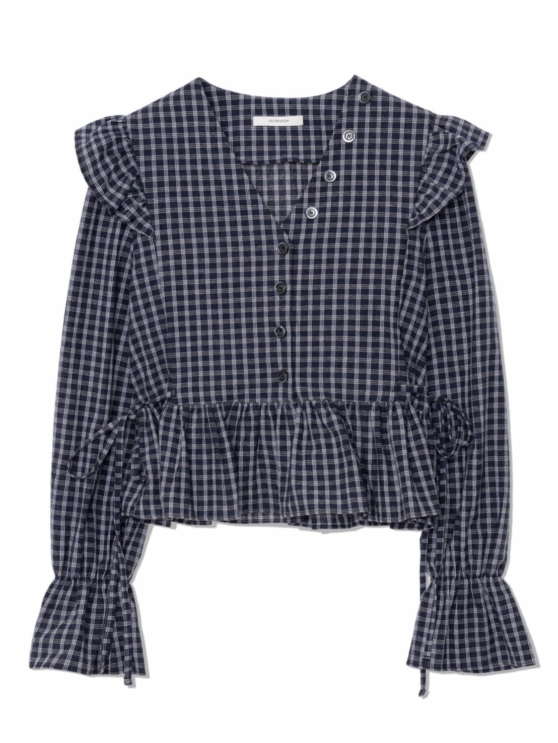 【Uglyshadow】BUTTON CHECK FRILL BLOUSE