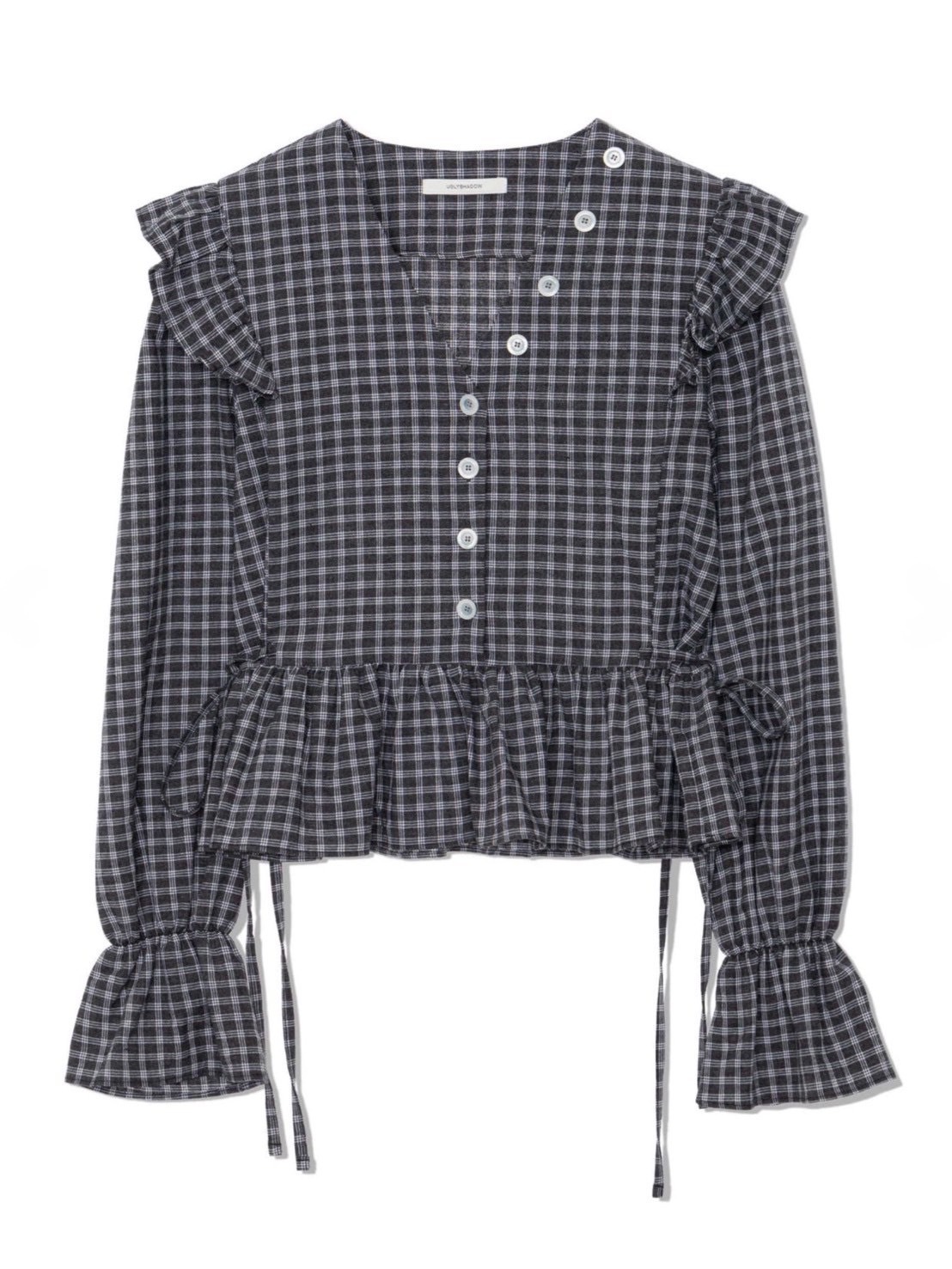 【Uglyshadow】BUTTON CHECK FRILL BLOUSE