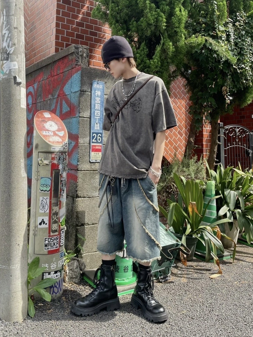 受注制【Never mind the XU】line denim half pants (2color