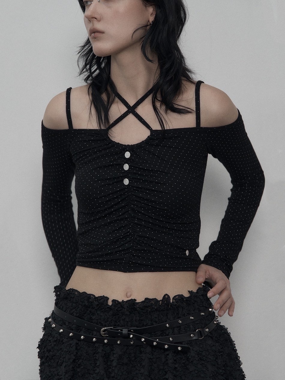 SETUP-EXE】DOT OFF-SHOULDER TOP | OUR BRAND,SETUP-EXE