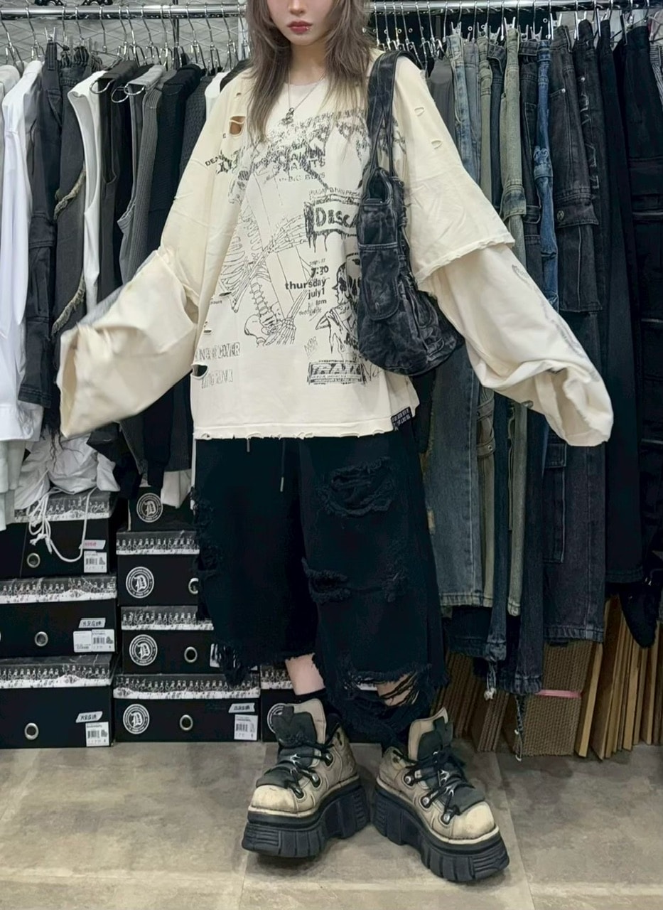 【F.V.V.O】SKELETON BROKEN HOLE T-SHIRT F.V.V.O】SKELETON BROKEN HOLE T-SHIRT | OUR BRAND,F.V.V.O