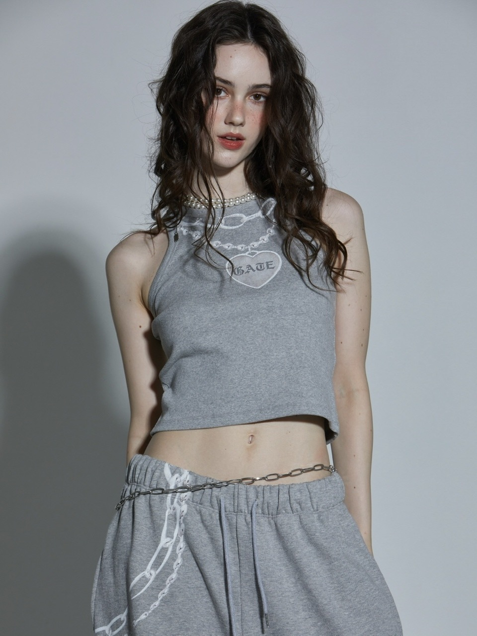 GATELESS】CHAIN PRINT AMERICAN SLEEVE CROPPED TANK TOP / 【ゲート