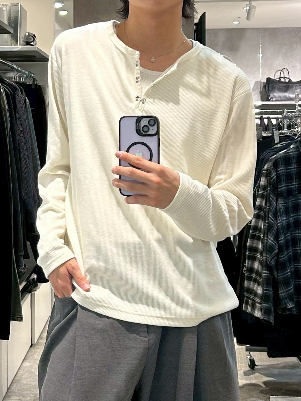 受注制【Chikashitsu +】front hook long sleeve knit / 【チカシツプラス】フロントフック長袖ニット (4color)