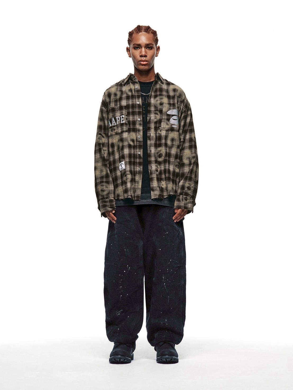 AAPE X NOMANUAL】AAPE X NOMANUAL PAINTED DOUBLE KNEE DENIM PANTS