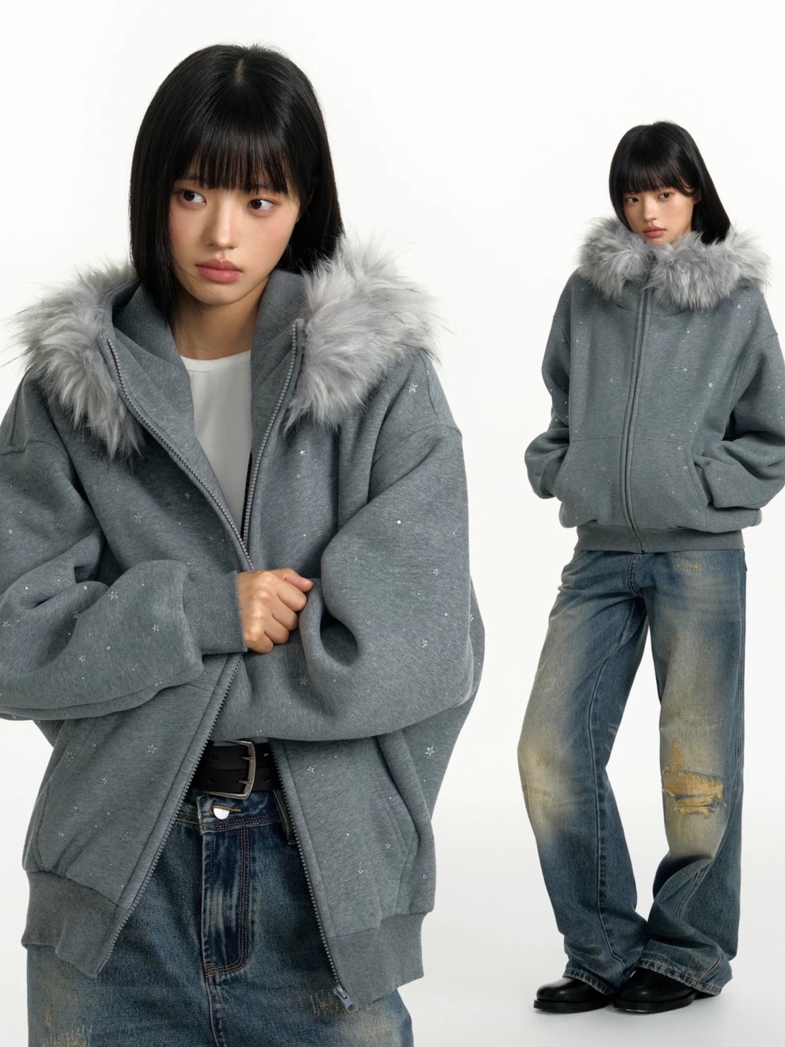 TGNS】Galaxy Star Demolition Fur Collar Cardigan Sweatshirt