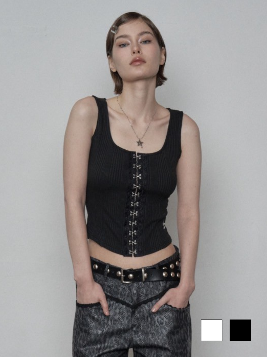 ★SETUP-EXE★CROSS STUDDED SLEEVELESS / BLACK★韓国送料込 SETUP‐EXE】LACE HOOK SLEEVELESS / 【セットアップエグゼ