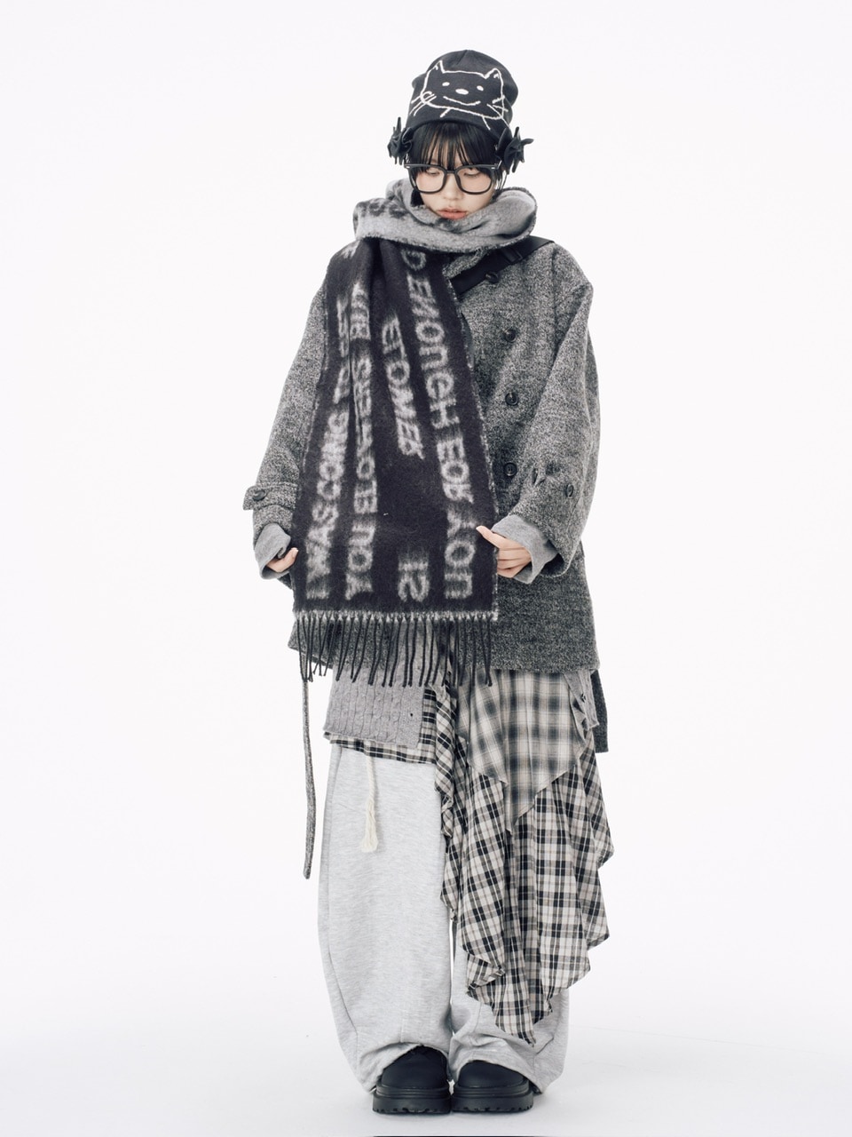 Nerd out XU】asymmetry check skirt / 【ナードアウトエックスユー