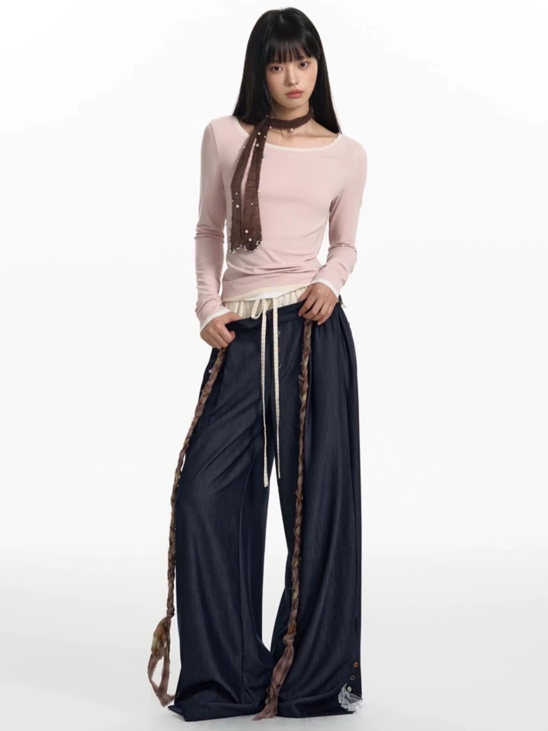 【TGNS】Fake Two-Piece Lace Button-Stitched Trousers / 【ツーガンズ】フェイクレイヤードボタンステッチスラックス