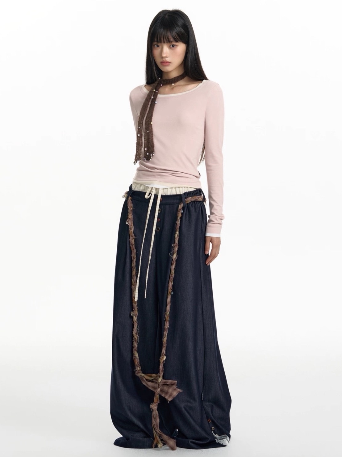 【TGNS】Fake Two-Piece Lace Button-Stitched Trousers / 【ツーガンズ】フェイクレイヤードボタンステッチスラックス