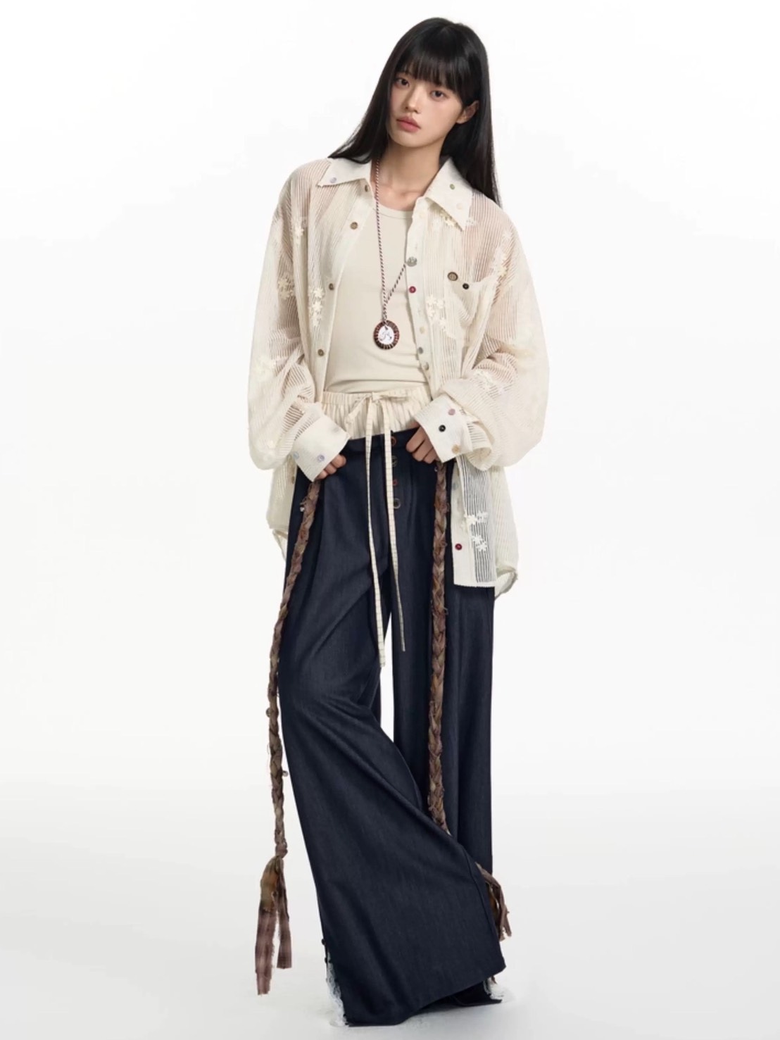 【TGNS】Fake Two-Piece Lace Button-Stitched Trousers / 【ツーガンズ】フェイクレイヤードボタンステッチスラックス