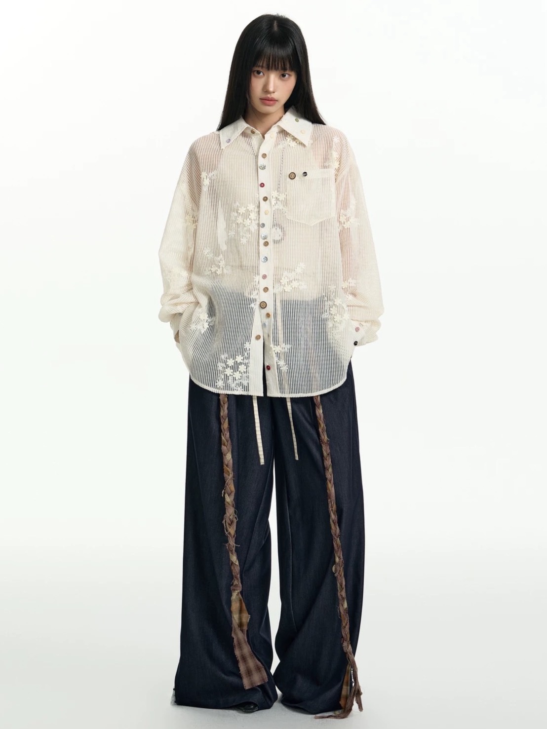 【TGNS】Fake Two-Piece Lace Button-Stitched Trousers / 【ツーガンズ】フェイクレイヤードボタンステッチスラックス