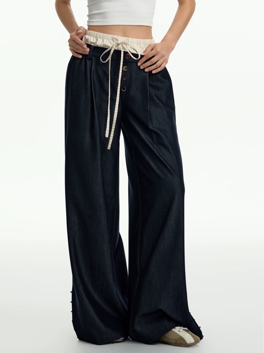 【TGNS】Fake Two-Piece Lace Button-Stitched Trousers / 【ツーガンズ】フェイクレイヤードボタンステッチスラックス