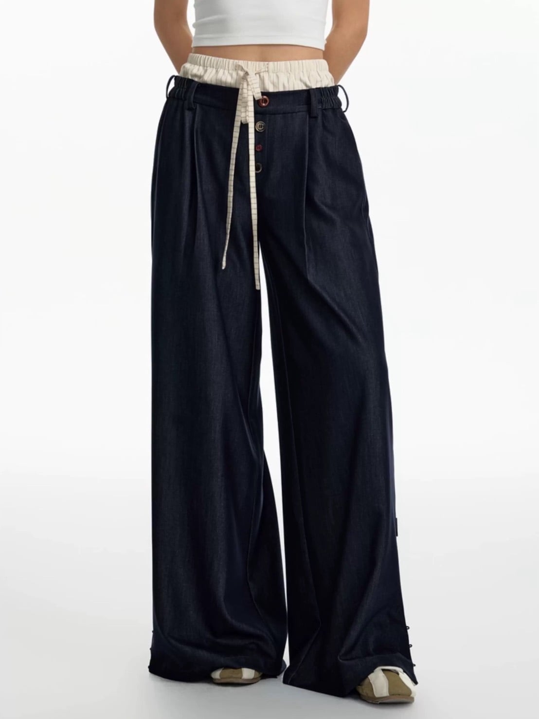 【TGNS】Fake Two-Piece Lace Button-Stitched Trousers / 【ツーガンズ】フェイクレイヤードボタンステッチスラックス