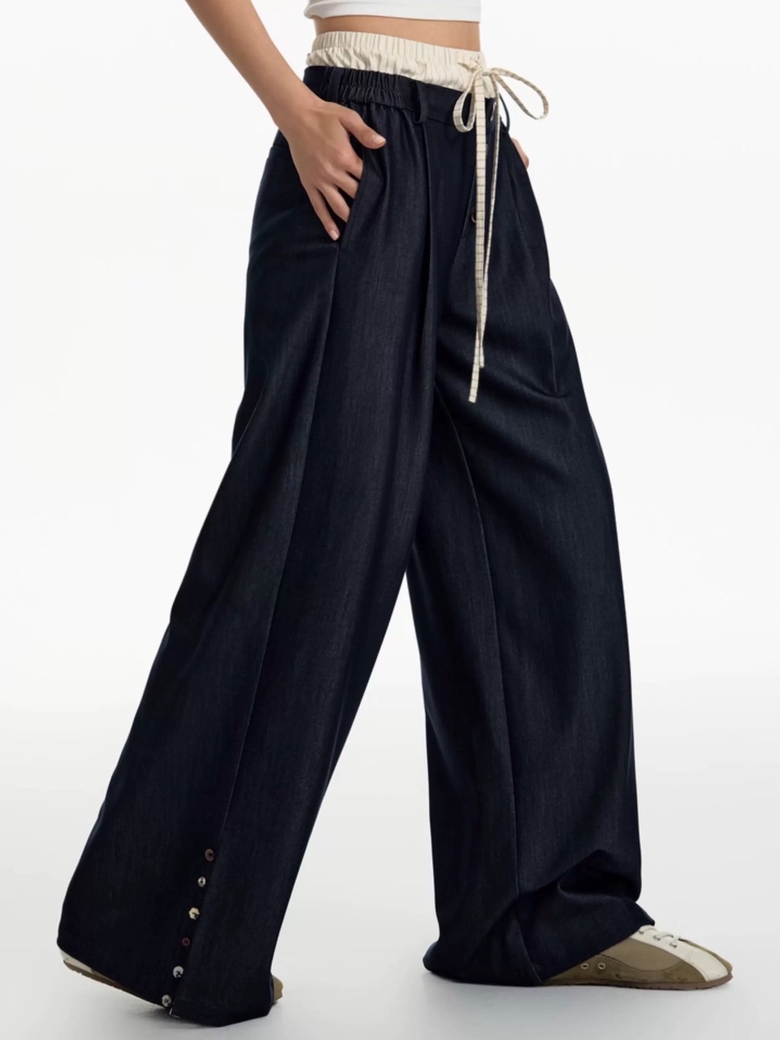 【TGNS】Fake Two-Piece Lace Button-Stitched Trousers / 【ツーガンズ】フェイクレイヤードボタンステッチスラックス