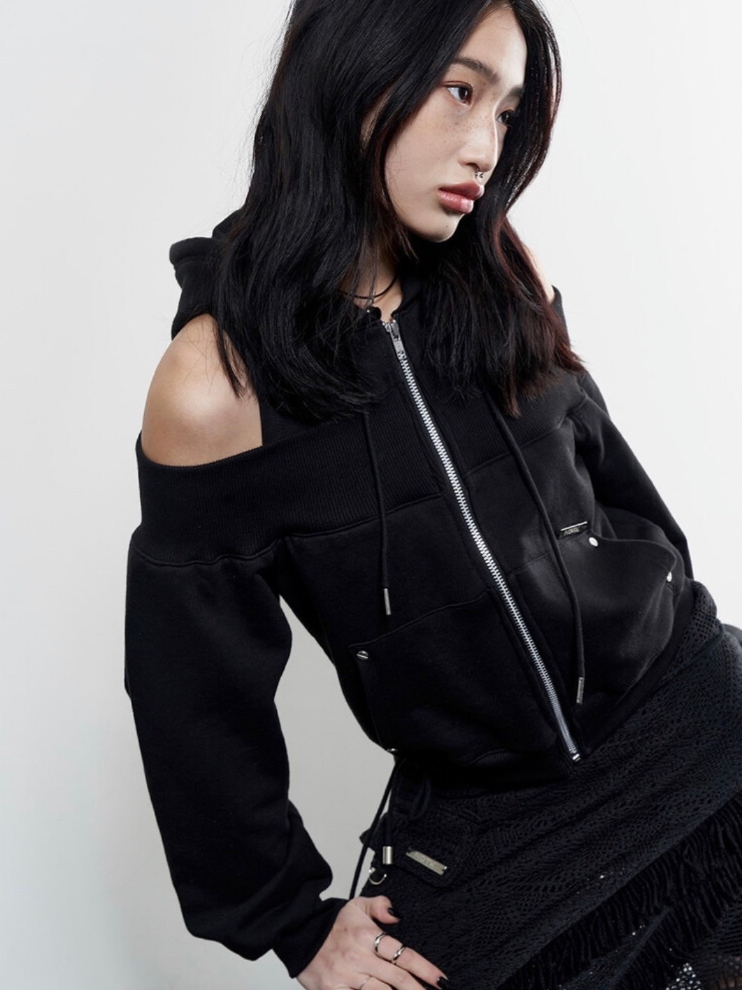 NOT KNOWING】Open Shoulder Zip Up Hoodie / 【ノットノーイング