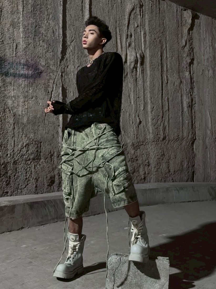 RICH】Cargo Wide Green Washed Short pants / 【リッチ】ポケット