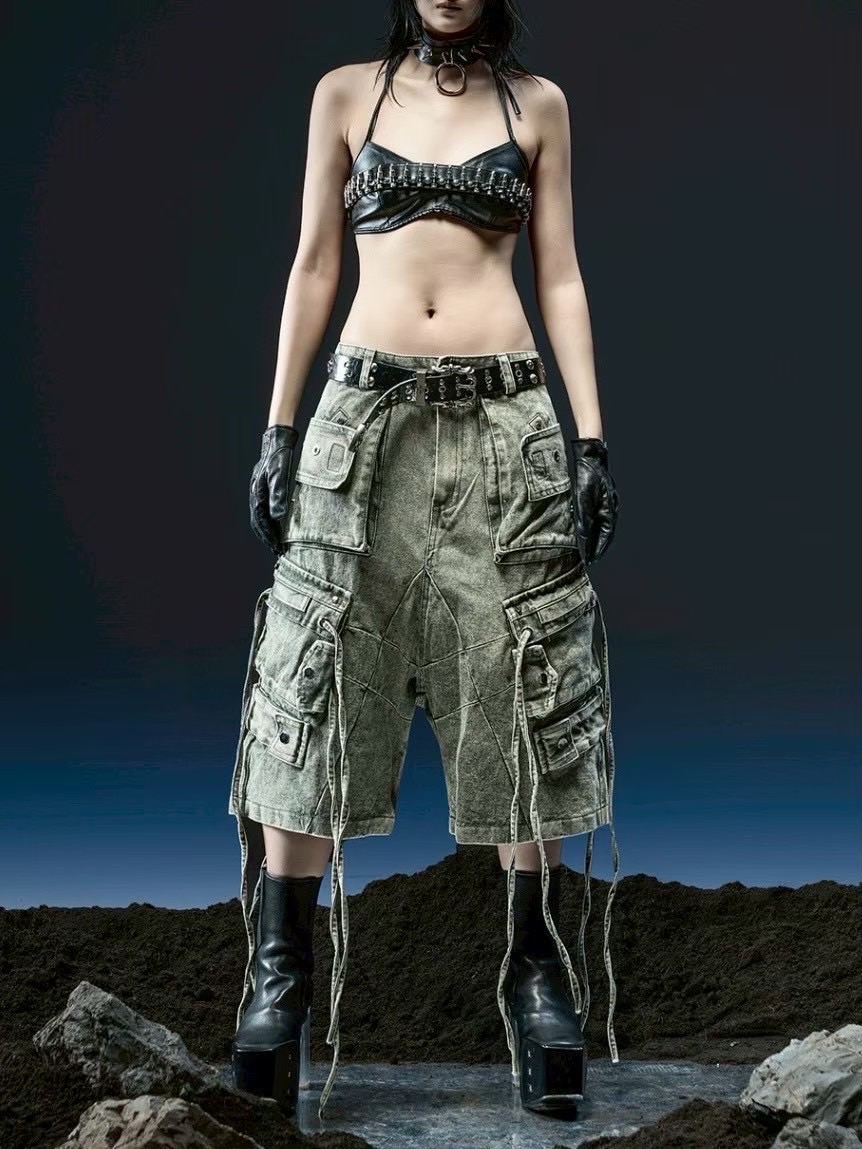 RICH】Cargo Wide Green Washed Short pants / 【リッチ】ポケット