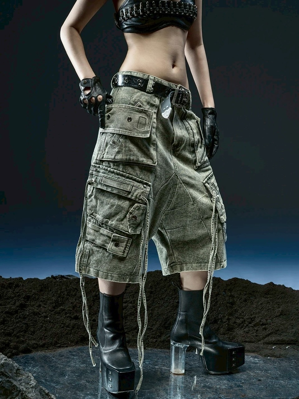 RICH】Cargo Wide Green Washed Short pants / 【リッチ】ポケット