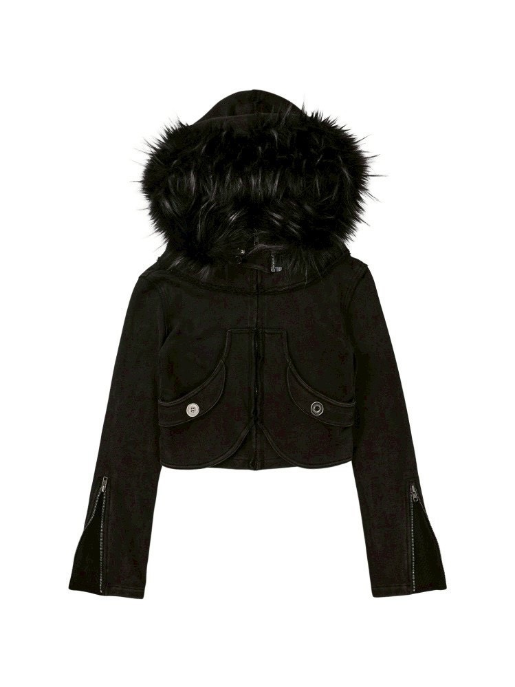 【bonienkiye】Distressed Seam Fur Hood Zip-Up
