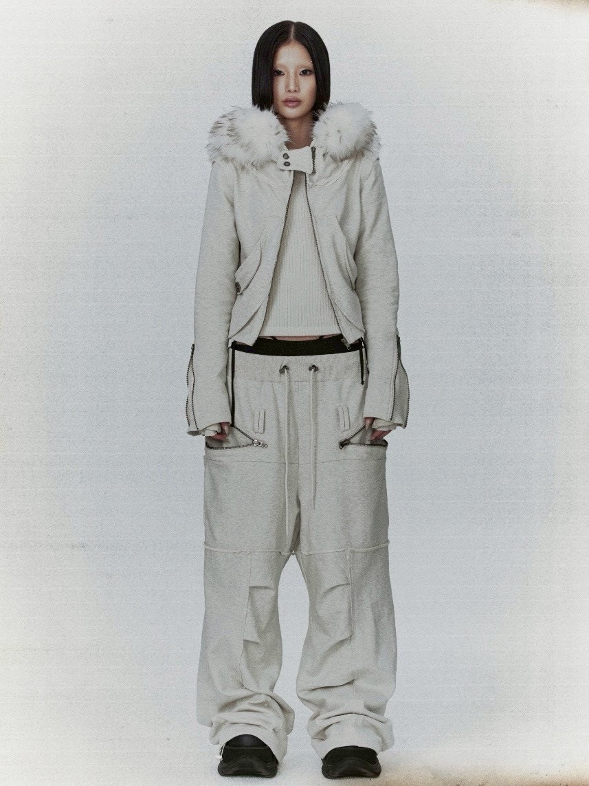 【bonienkiye】Distressed Seam Fur Hood Zip-Up