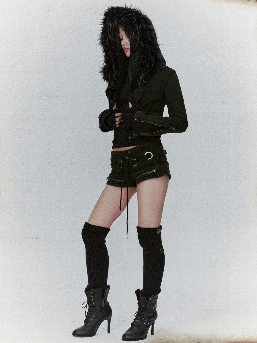 【bonienkiye】Distressed Seam Fur Hood Zip-Up