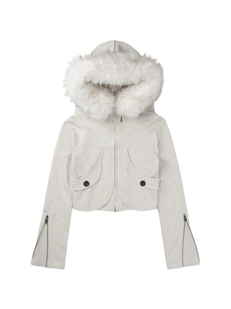 【bonienkiye】Distressed Seam Fur Hood Zip-Up