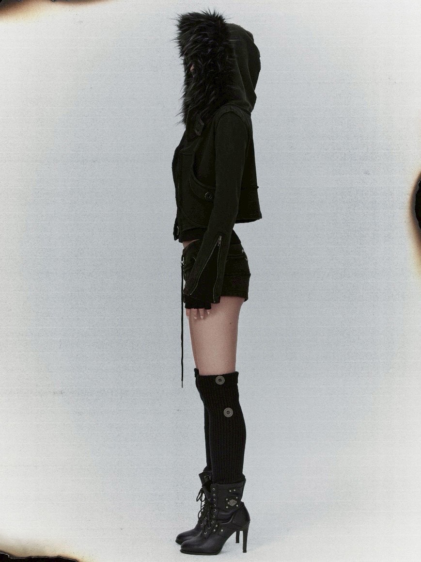 【bonienkiye】Distressed Seam Fur Hood Zip-Up