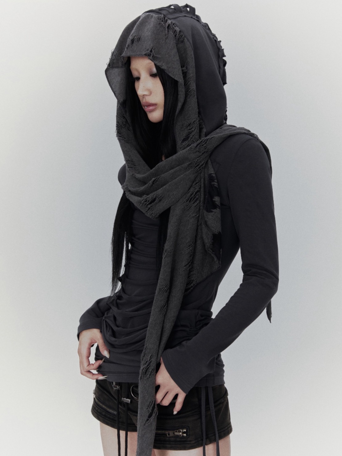 【bonienkiye】Distressed Hood Scarf Dress