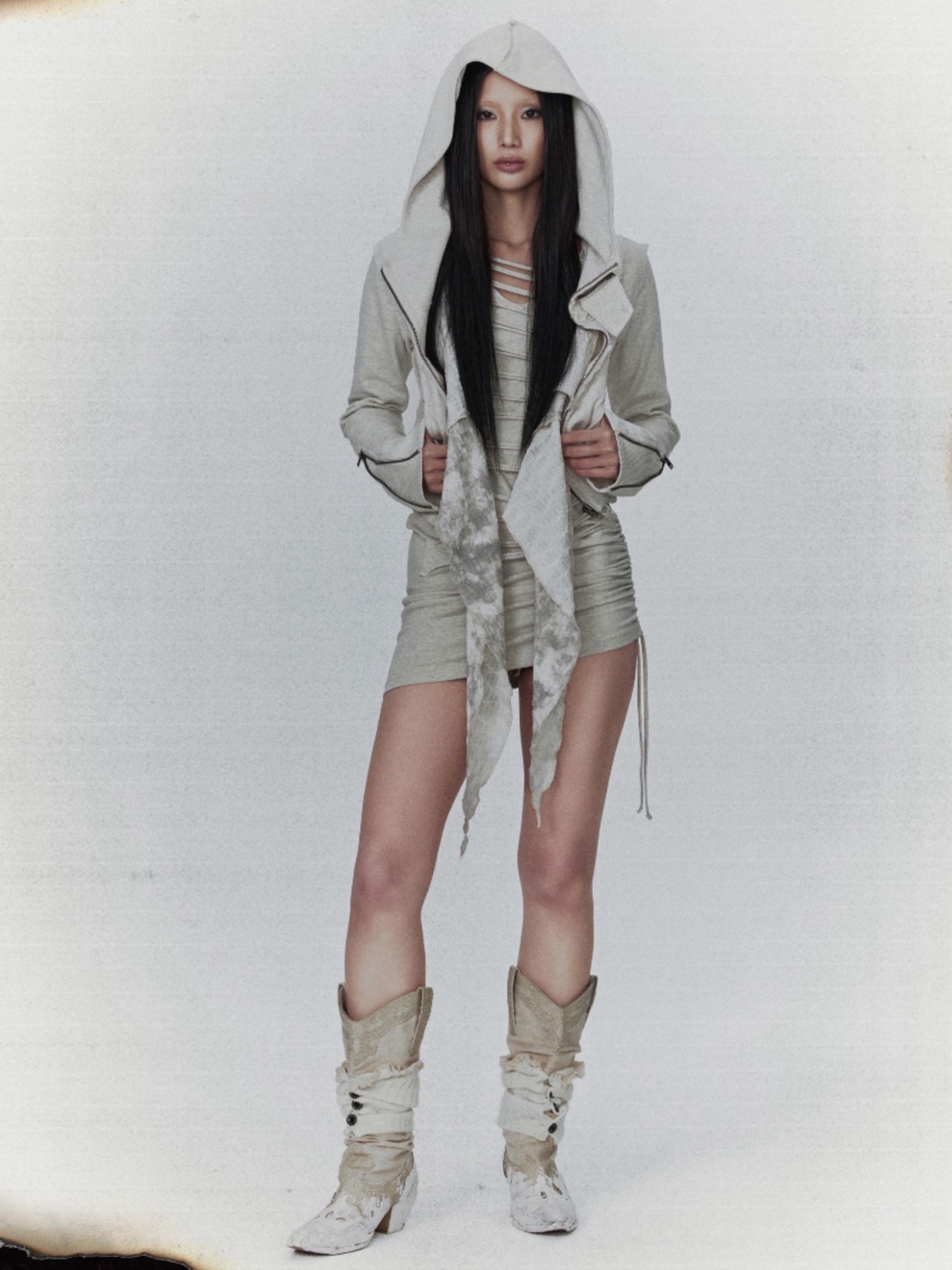 【bonienkiye】Distressed Hood Scarf Dress