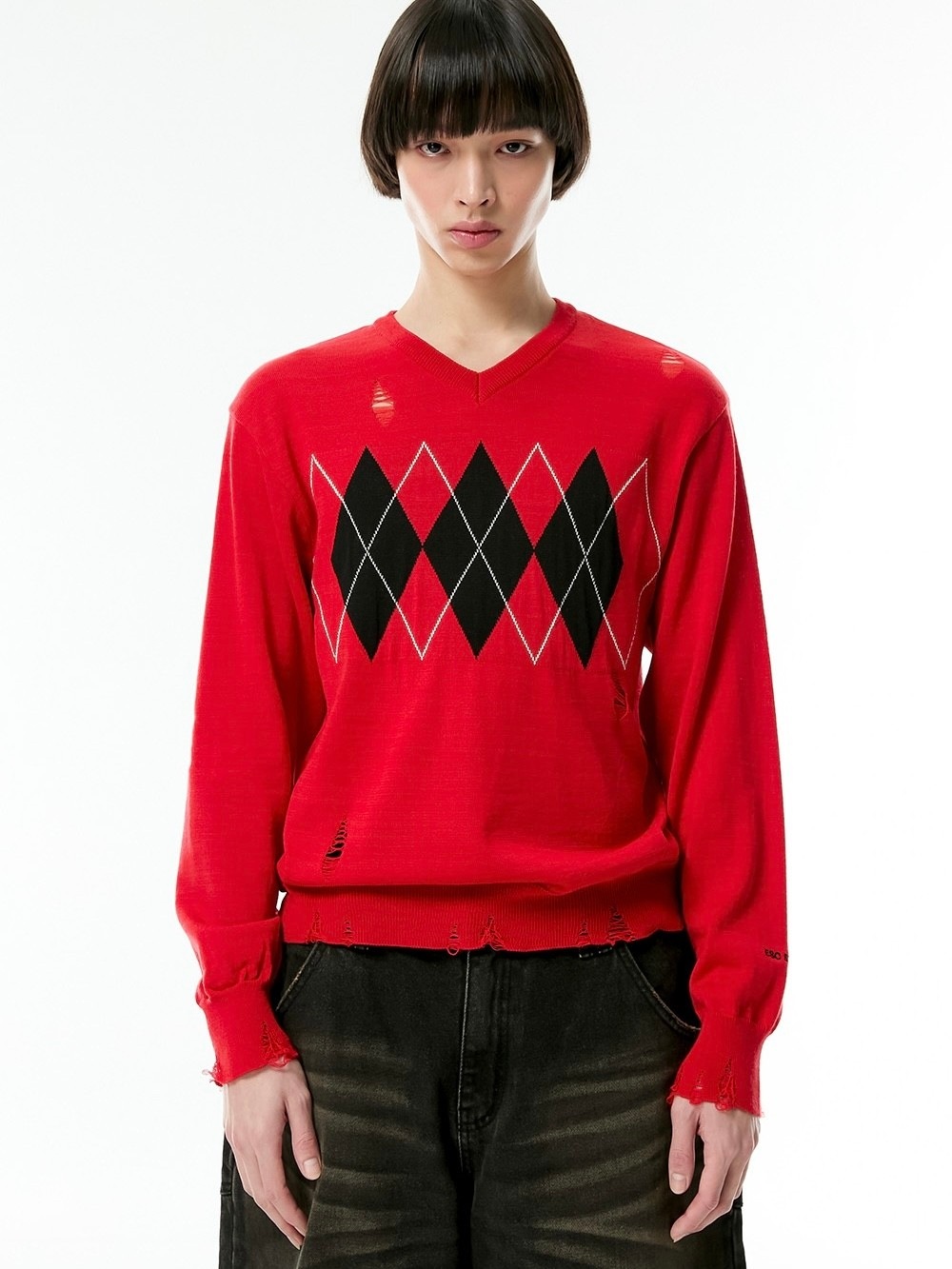 【ESC STUDIO】v-neck damage argyle knit