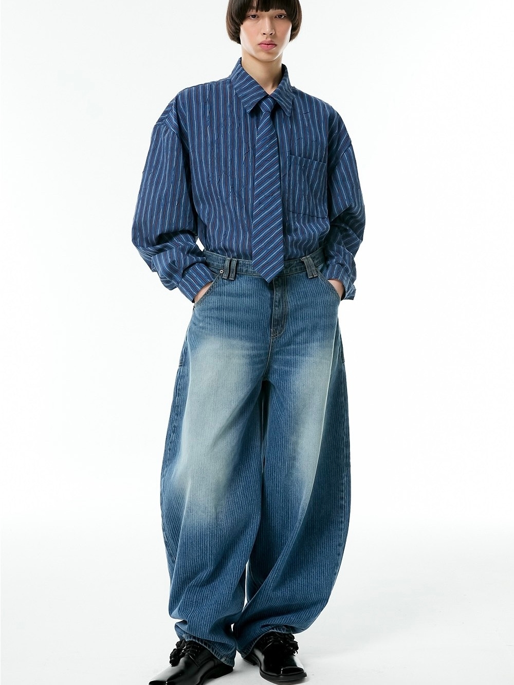選ぶなら STUDIO】stripe ESC laser OUR | pants baggy denim washing パンツ