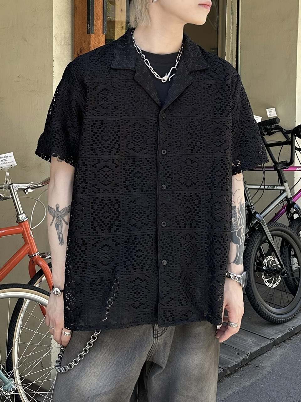 大阪店WEB限定【Chikashitsu +】lace open collar shirt (2color