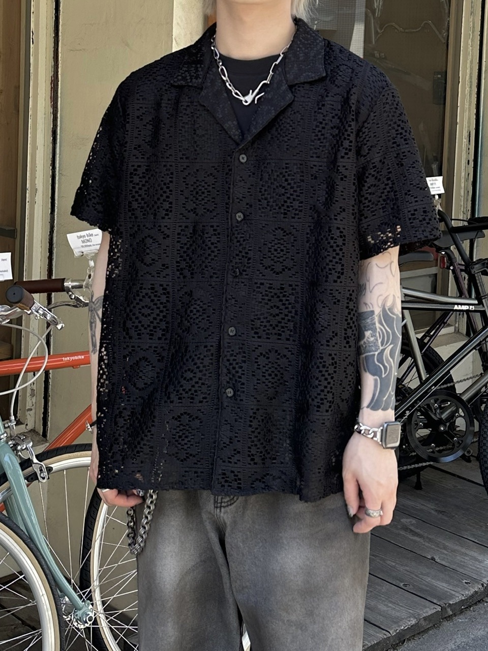 限定値下 Time is on BALFAS LACE O/C SHIRT 大阪店WEB限定【Chikashitsu +】lace open collar shirt (2color