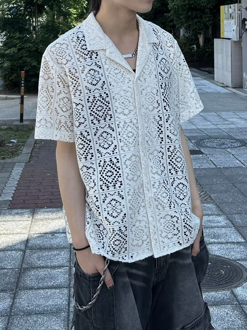 限定値下 Time is on BALFAS LACE O/C SHIRT raschel-lace-shirt-in-black-