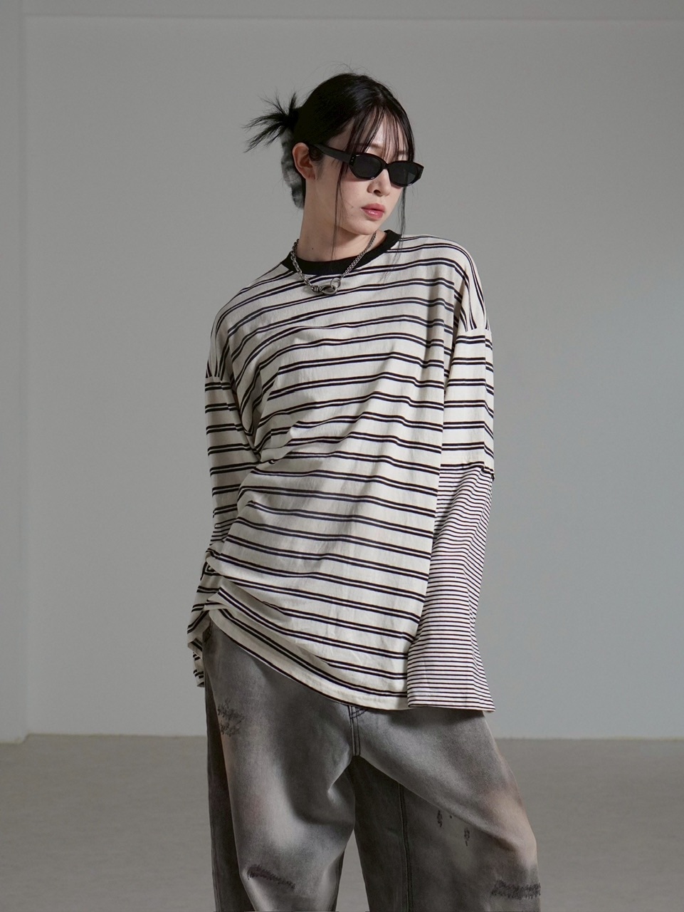 トップス KOSTAS MURKUDIS Border Ragran Mesh Tee 受注制【Chikashitsu +】oversized layered border washed long