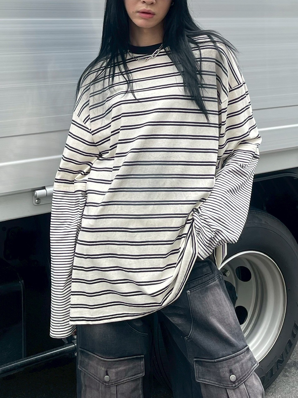 uuページ 受注制【Chikashitsu +】oversized layered border washed long
