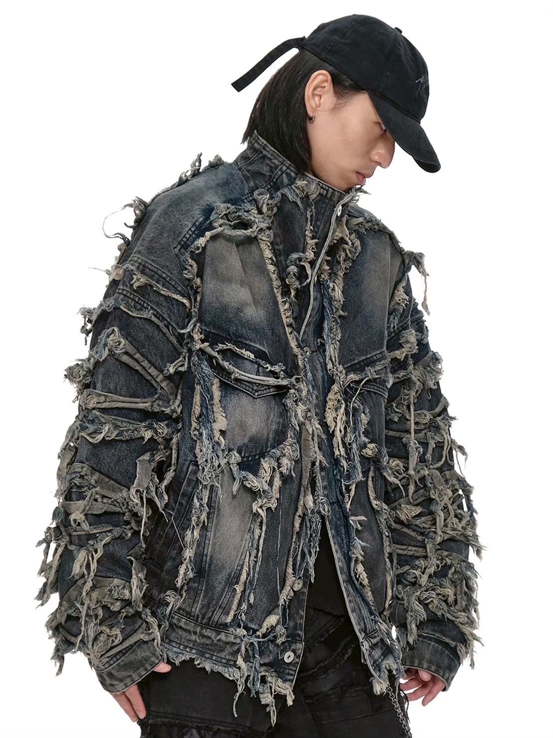 d5ove】Erosion Fringed Denim Jacket / 【ダヴ】フリンジハイネック